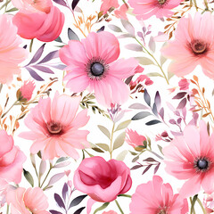 Watercolor flowers, pastel color, seamless tile pattern