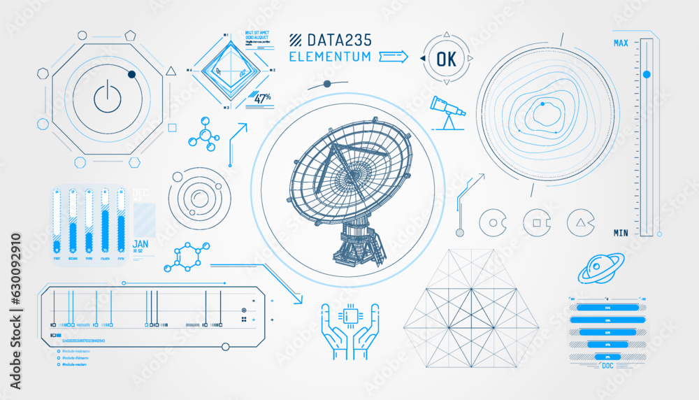 Wall mural set of infographic elements about radio astronomy and space observation.