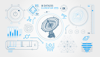 Set of infographic elements about radio astronomy and space observation.