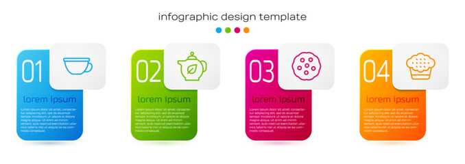 Set line Cup of tea, Teapot with leaf, Cookie or biscuit and Muffin. Business infographic template. Vector