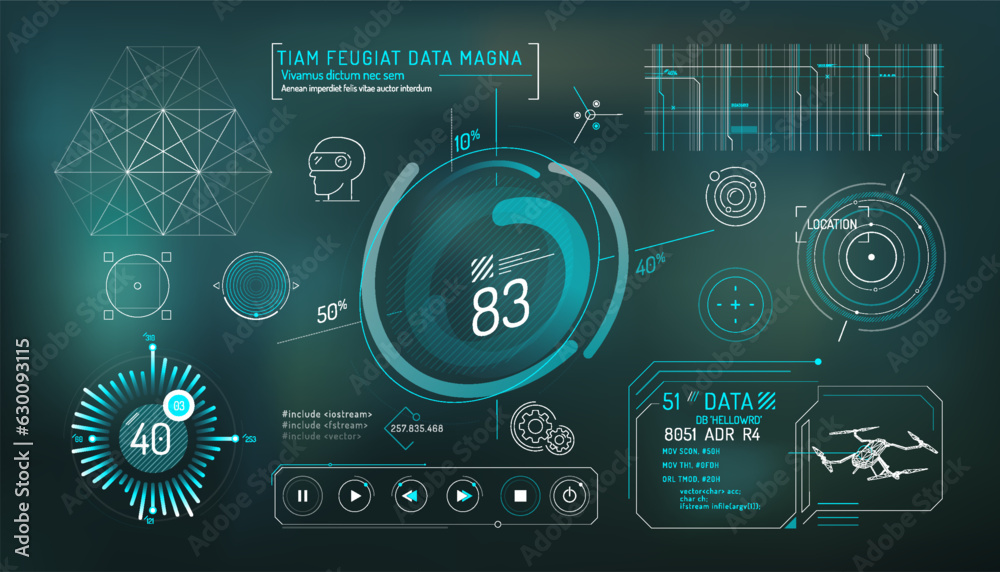 Wall mural set of infographic elements about virtual reality drone control.