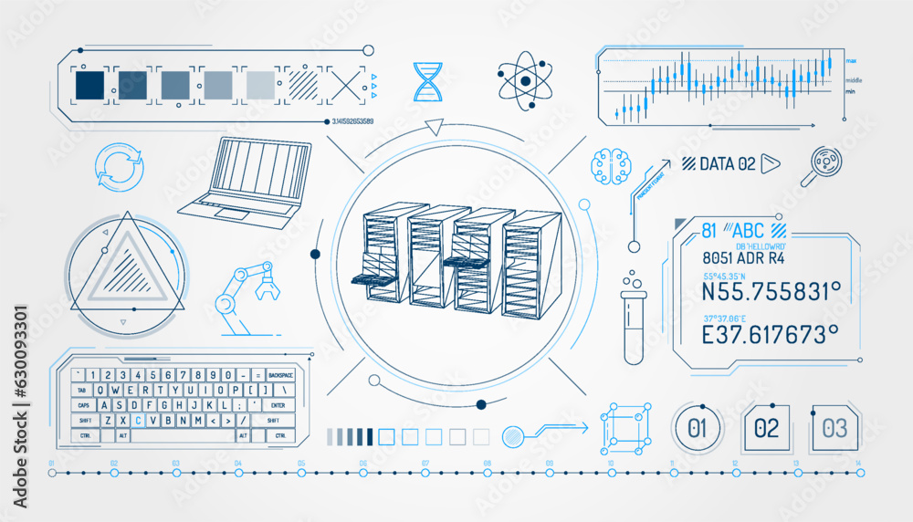 Poster set of infographic elements about scientific data storage.