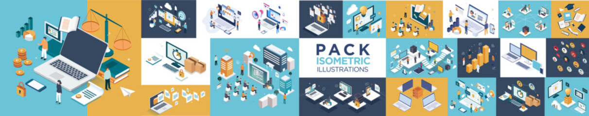 isometric business illustration pack : feedback, marketing,learning,...