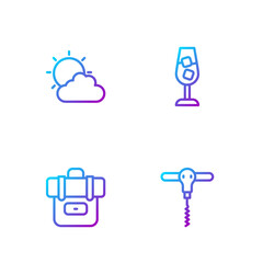 Set line Wine corkscrew, Hiking backpack, Sun and cloud weather and glass. Gradient color icons. Vector