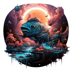 A cosmic Halloween fishing t-shirt design featuring an otherworldly scene with a celestial angler floating in space, Generative Ai