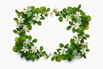 Flowers with leaves frame isolated on white background cutout , generative ai