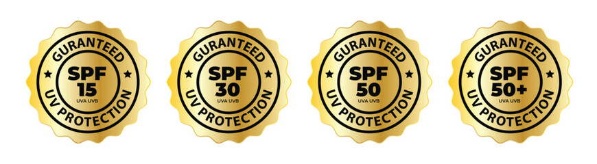 Sunscreen spf 15, 30, 50, 50+ uva uvb protection icon set. sunblock protect vector symbol, badge or stamp. - obrazy, fototapety, plakaty