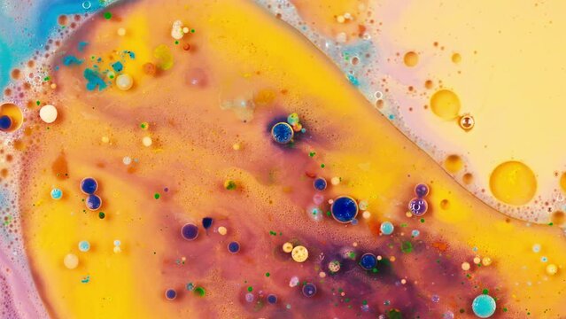 Fantastic Abstract Orange And Beige Liquid With Colorful Bubbles And Oil Drops Floating On The Surface - Beautiful Colorful Acrylic Liquid 