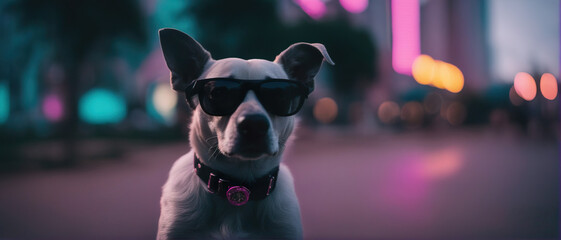A wide angle shot of a cute dog wearing in glasses and sitting on background of a blurred cyberpunk city panorama with bright neon lights. Retro synthwave vibes. Futuristic wallpaper.