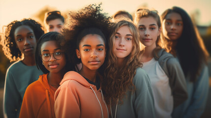 A diverse group of teenagers enjoying each other’s company and showing that friendship transcends cultural and ethnic differences, friendship knows no borders - Powered by Adobe