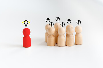 Outstanding red people model with light bulb icon and question mark symbol. Concept creative idea and innovation. Human resource and talent management