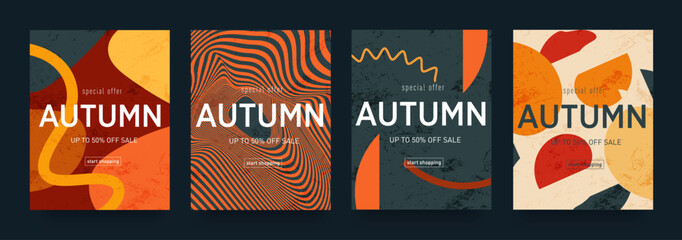 Set Autumn Design with Graphic Memphis Element. Modern Abstract Background Patterns in Retro Style for Advertising, Web, Social Media, Poster, Banner, Cover. Sale offer 50%. Vector Illustration - obrazy, fototapety, plakaty