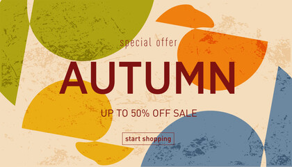 Abstract Autumn Design with Graphic Memphis Element. Modern Background Patterns in Retro Style for Advertising, Web, Social Media, Poster, Banner, Cover. Sale offer 50%. Vector Illustration