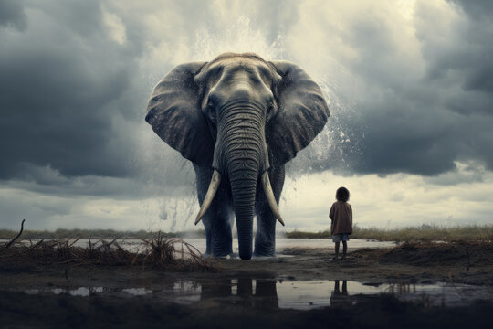 Kid looking at sad Elephant. Elephant habitat protection concept. Generative AI