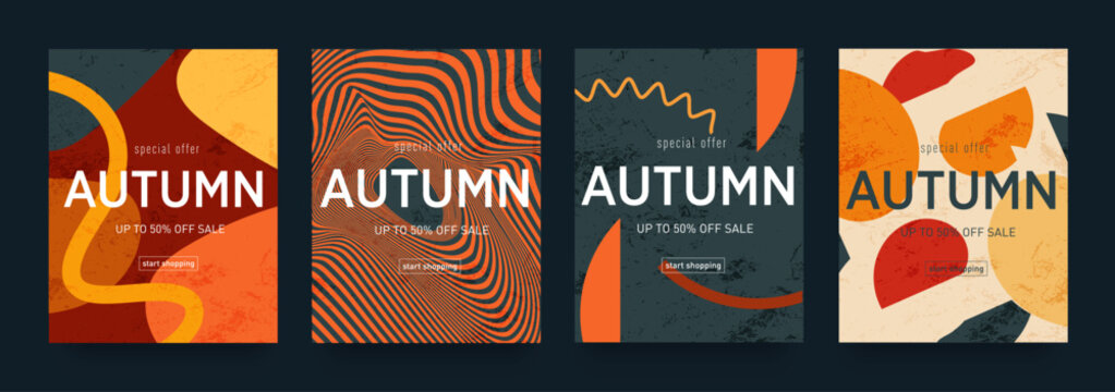 Set Autumn Design with Graphic Memphis Element. Modern Abstract Background Patterns in Retro Style for Advertising, Web, Social Media, Poster, Banner, Cover. Sale offer 50%. Vector Illustration