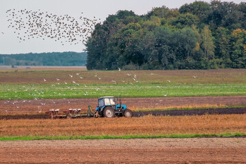 Fototapeta premium Tractor harrow plowing soil, rural landscape background. Tractor cultivating field. Tractor plowing soil on farm field. Soil cultivation.