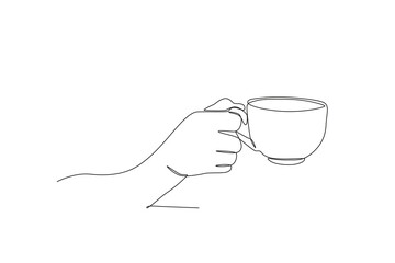 A hand thrusts out a cup of coffee. International coffee day one-line drawing