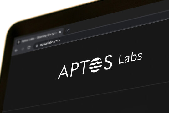 San Franciso, USA - Jun 27, 2023: Official Aptos website is displayed on an Apple MacBook Pro screen. strategy, selling, venture, foundation, business, invest, budget, support, pay