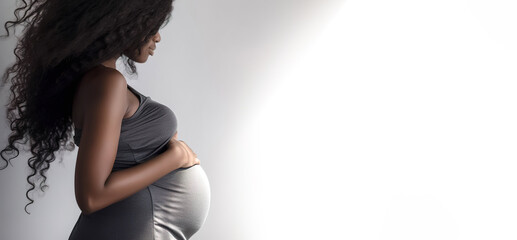 banner pregnant black woman in grey dress holds hands on big belly , Pregnancy, maternity, preparation and expectation, copyspace for text, generative ai. - Powered by Adobe