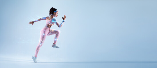 Sporty african american lady running over blue neon background