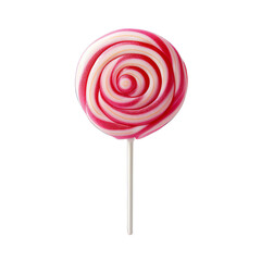 A delicious pink and white round lollipop isolated on a transparent background 