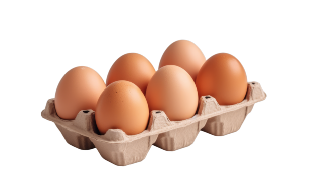 Eggs in a carton box of 6 isolated on a transparent background