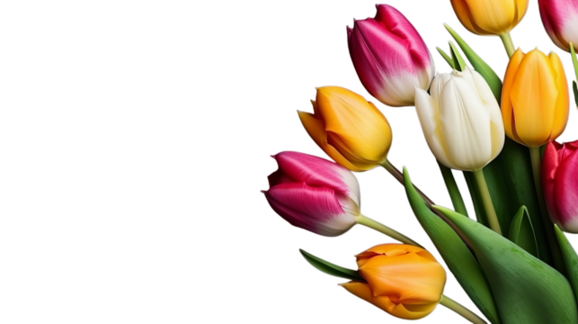Colourful tulips with copy space, place for text isolated on a transparent background