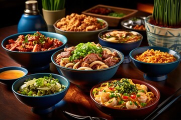 Thai food in a restaurant. Lively noodle bar scene with different types of noodle. Asia food. Udon noodles with veal on the dark background. 
