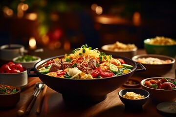 Lively noodle bar scene with different types of noodle. Asia food. Udon noodles with veal on the dark background. . Thai food on the table