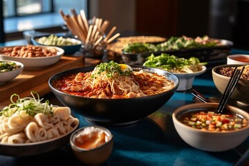 Food on the table. Lively noodle bar scene with different types of noodle. Asia food. Udon noodles with veal on the dark background. 
