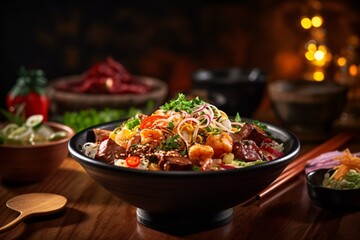 Lively noodle bar scene with different types of noodle. Asia food. Udon noodles with veal on the dark background.  Chicken and vegetable salad