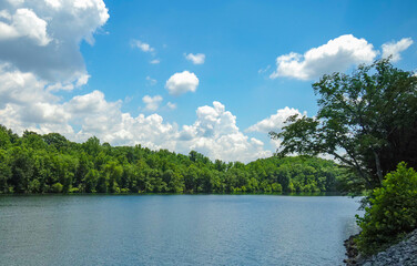 Catawba river view from Tuckaseege park riverwalk in Mount Holly, NC on a sumer day.