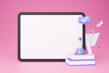 Tablet computer screen, collage with educational icons on pink background