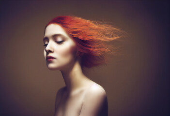 Studio portrait of a women with red hair and perfect skin. Head and shoulders portrait.