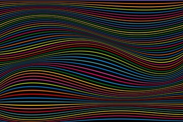 Black background with multicolored thin wavy lines, vivid shades of colors, rainbow wallpaper