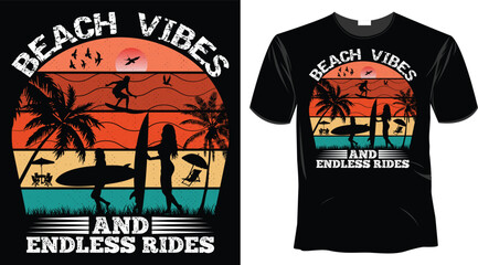 Beach vibes and endless rides-summer beach surfing vacation Retro vintage vector graphics art illustration, typography, badge, logo, bike rider shirt, print t-shirt design template, poster, banner