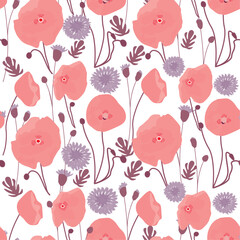 seamless pattern with poppies and cornflowers on a transparent background