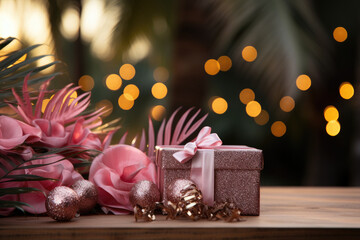 Fototapeta na wymiar Christmas gifts on the tropical beach background with bokeh light.