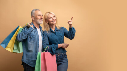 Happy edlerly couple with purchases pointing at copy space
