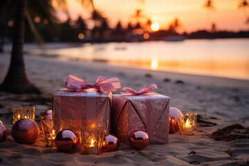 Pink Christmas gifts on tropical beach background. 