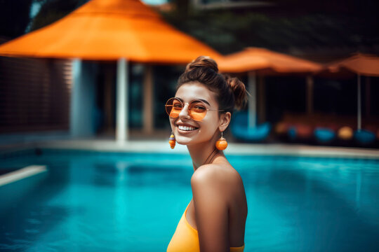 Generative AI image of cheerful eclectic female in sunglasses near swimming pool smiling brightly while looking at the camera