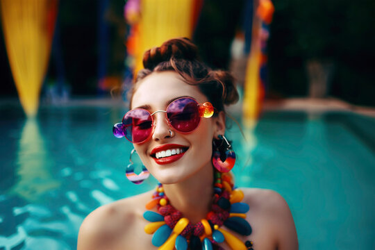 Generative AI image of cheerful eclectic female in sunglasses near swimming pool smiling brightly