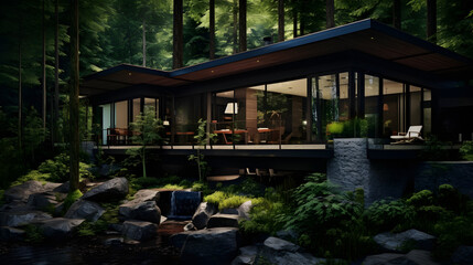 Fototapeta na wymiar Whispers of Nature: A Contemporary Home Nestled Deep Within the Forest, Generative AI
