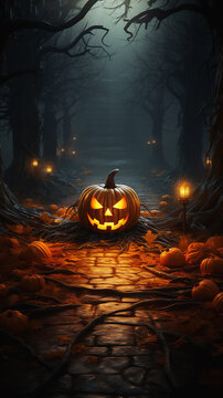 happy halloween backgound with jack o' lantern pumpkins on the foggy night street autumn leaves and candles - poster