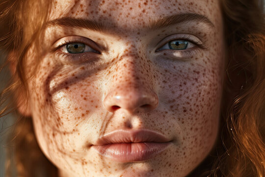 Generative AI illustration of closeup of serious young redhead woman with freckles and green eyes looking at camera