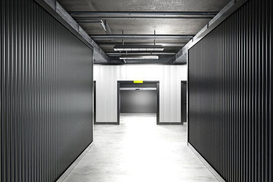 Rental Storage Units. Self storage unit cutaway. Storage box with metal door. 3d image,