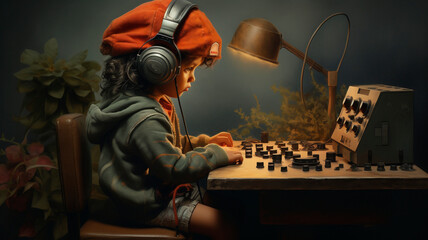 image of a child playing a console, post-apocalyptic retro style, Generative AI 