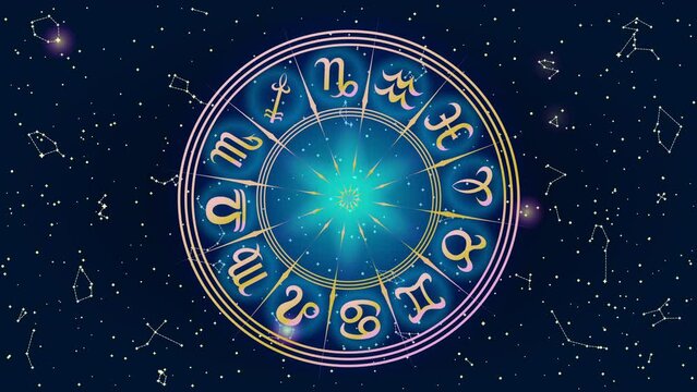 Animated Round Frame with Zodiac Sign. Colorful Horoscope Symbol. Panoramic Sky Map of Hemisphere. Bright Constellations on Starry Night Background. Loop Seamless Stock Footage. 3D Graphic