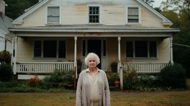 Image of a mature elderly woman, looking unhappily into the frame, with a house in the background, Generative AI 