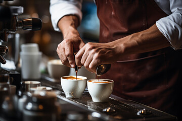 Fototapeta na wymiar a barista in the midst of preparing a coffee beverage, showcasing the skill and precision involved in the process Generative AI